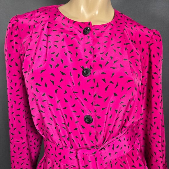 Vintage 80s Belted Secretary Dress womens Size M Purple Abstract Print New Wave - Picture 2 of 15